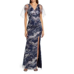 # Marchesa Notte Navy Glitter Tulle Cape Sleeve Gown New With Tag